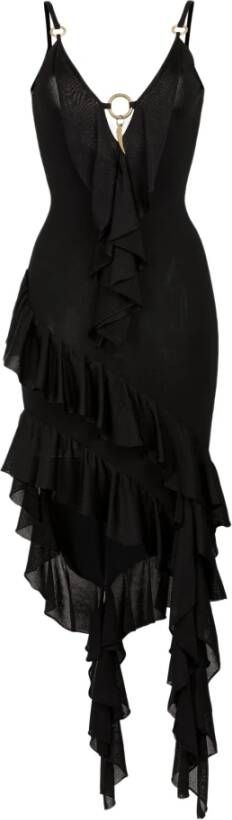 Roberto Cavalli Ruffled Asymmetric Plunge Dress , Zwart, Dames
