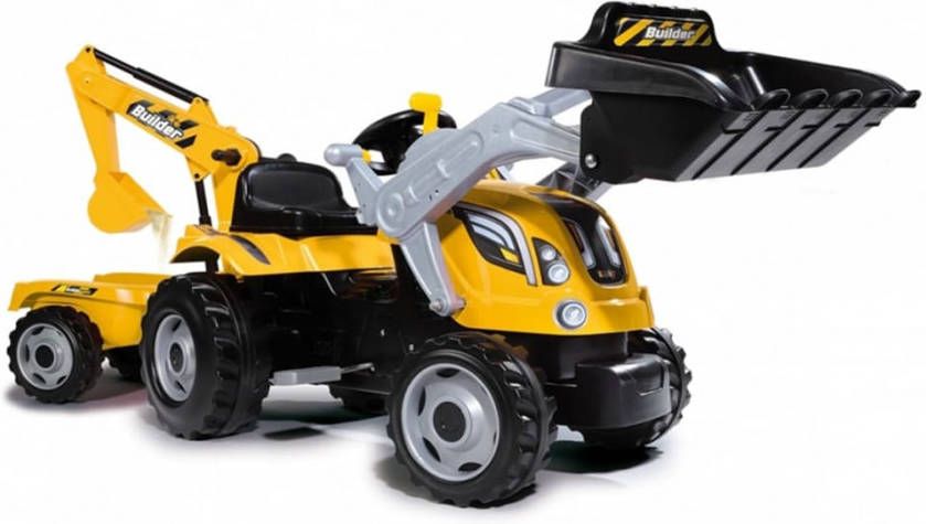 Smoby Traktor Builder Max met lepel, laadschop en aanhangwagen geel